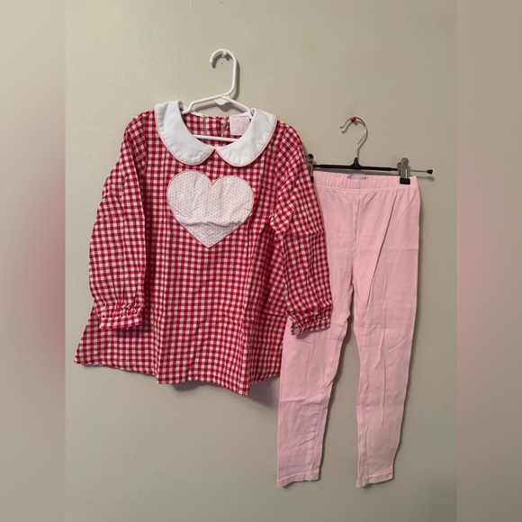 Stitchy Fish Other - Stitchy Fish Red Gingham Heart Shirt with Matching Pink Leggings